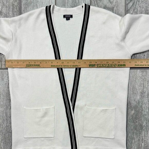 IZOD Open Cardigan Size Medium White Ivory Cream Black Stripe - Picture 10 of 10